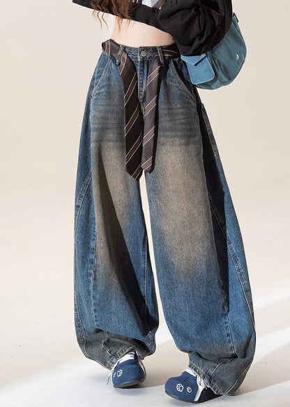 Vaqueros vintage azul oscuro de cintura alta con bolsillos y pierna ancha para primavera