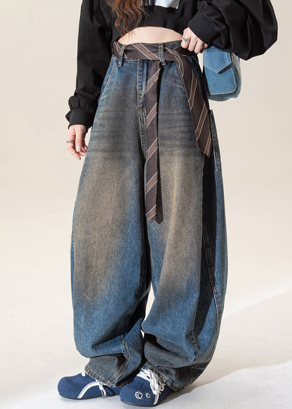 Vaqueros vintage azul oscuro de cintura alta con bolsillos y pierna ancha para primavera