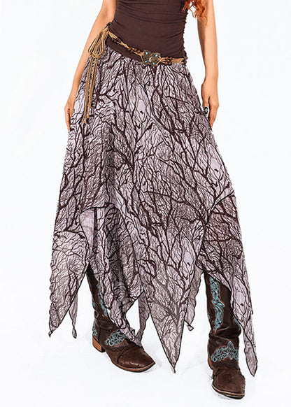 Vintage Dark Purple Print High Waist Tulle Maxi Skirt Summer