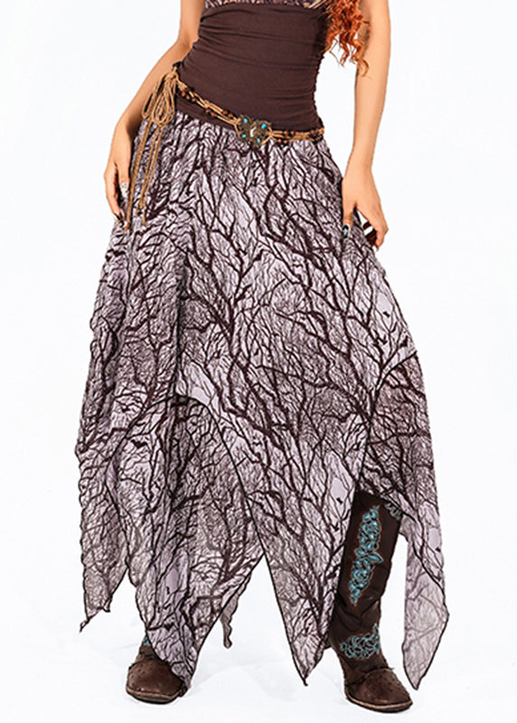 Vintage Dark Purple Print High Waist Tulle Maxi Skirt Summer