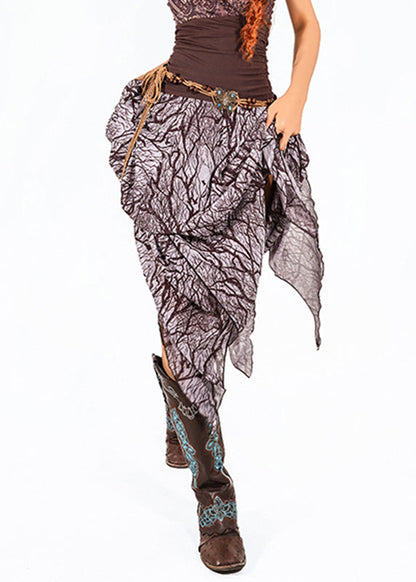 Vintage Dark Purple Print High Waist Tulle Maxi Skirt Summer