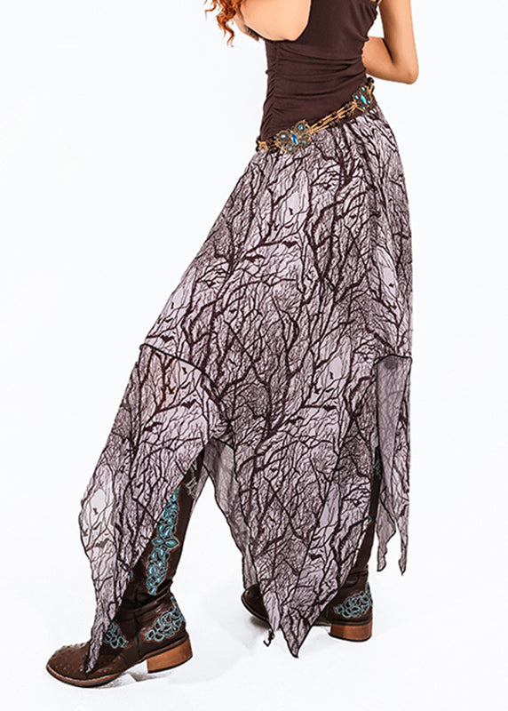 Vintage Dark Purple Print High Waist Tulle Maxi Skirt Summer