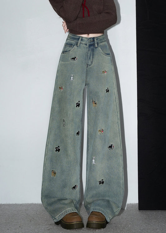 Vintage Denimblaue, bestickte Taschen, warme Fleecehose