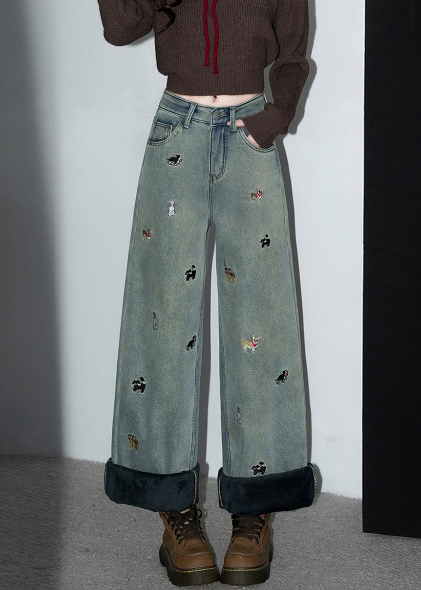 Vintage Denimblaue, bestickte Taschen, warme Fleecehose