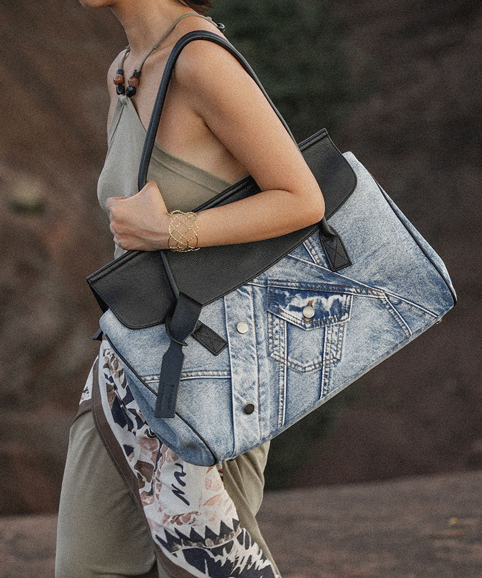 Bolsos de hombro vintage de gran capacidad de cuero con patchwork azul denim