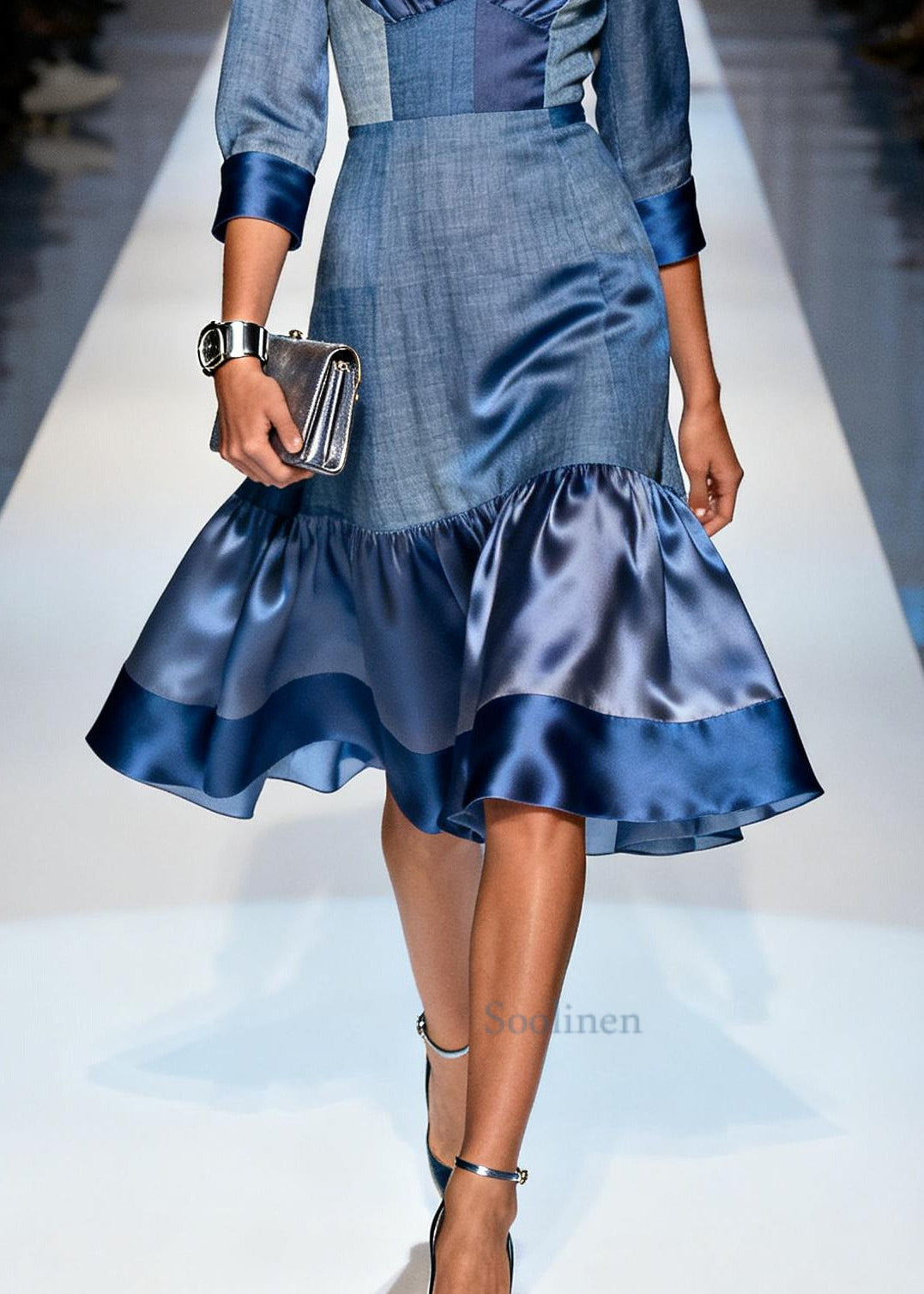 Vintage Denim Blue Ruffled Patchwork Silk Work Dress Summer