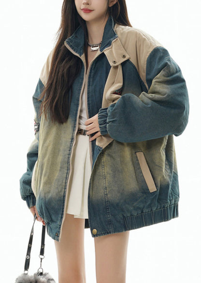 Vintage Denim Blue Stand Collar Patchwork Fine Cotton Filled Coats Winter