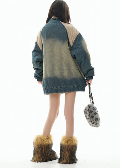 Vintage Denim Blue Stand Collar Patchwork Fine Cotton Filled Coats Winter