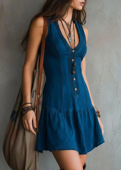 Vintage Denim Blue U Neck Button Mini Dresses Sleeveless