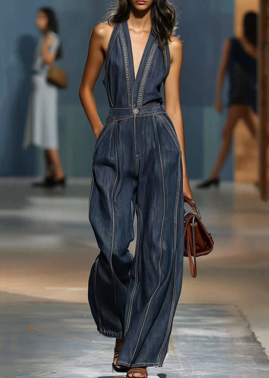 Vintage Denim Blue V Neck Pockets High Waist Jumpsuits Sleeveless