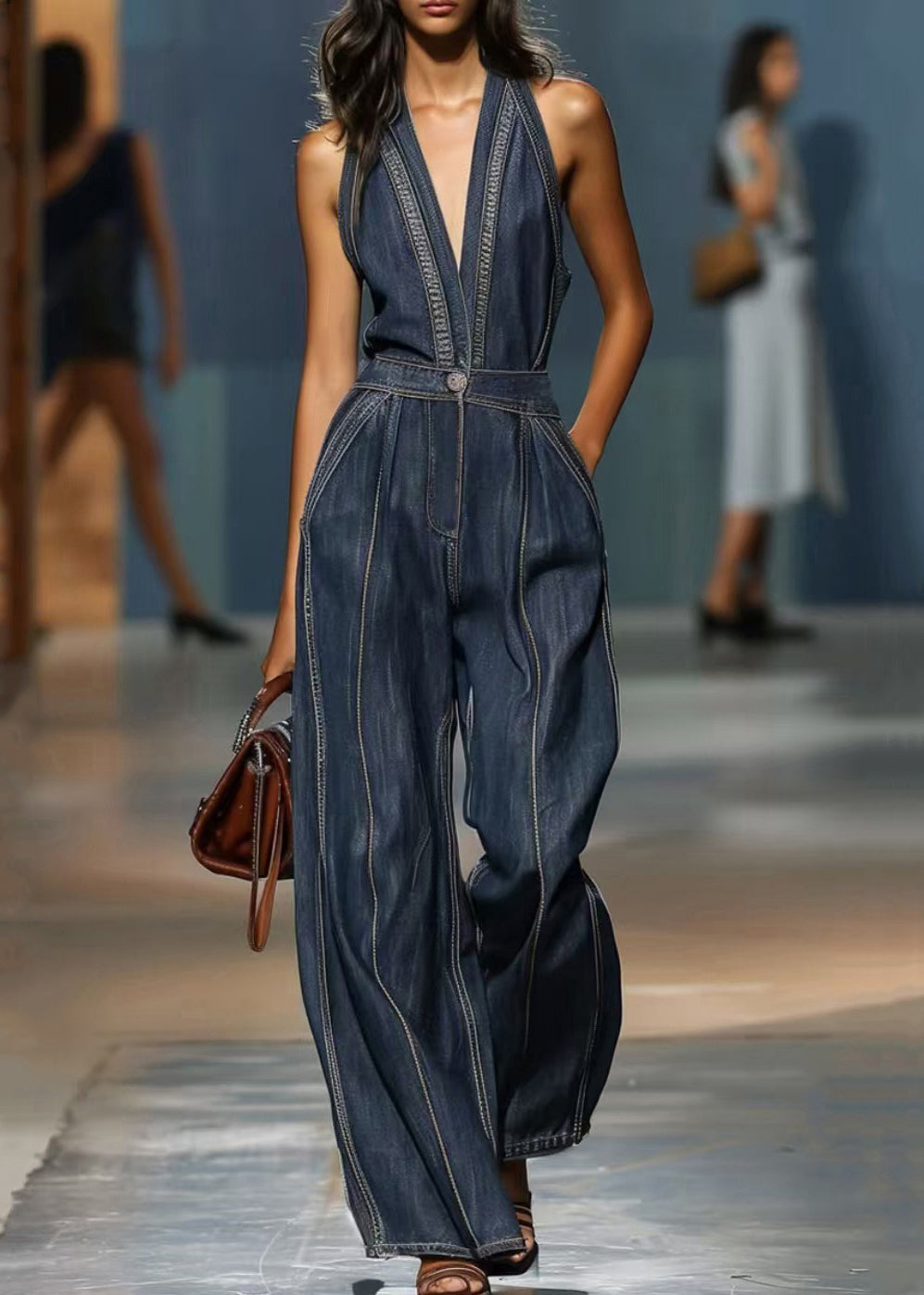 Vintage Denim Blue V Neck Pockets High Waist Jumpsuits Sleeveless