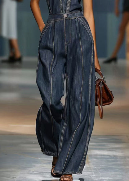 Vintage Denim Blue V Neck Pockets High Waist Jumpsuits Sleeveless