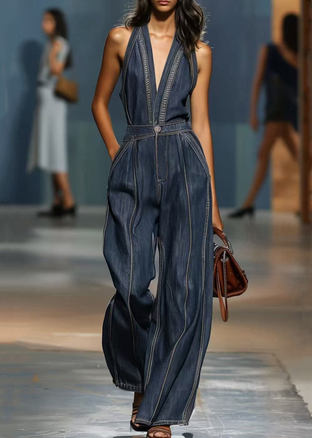 Vintage Denim Blue V Neck Pockets High Waist Jumpsuits Sleeveless