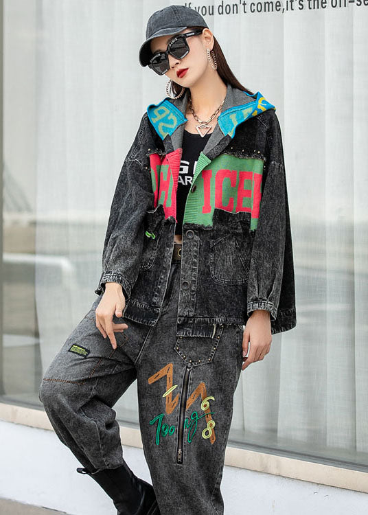 Vintage Denim Patchwork Stricktaschen Kapuze Herbst Mäntel Langarm