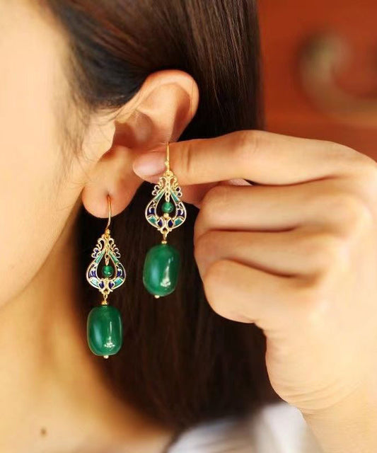 Vintage Design Green Jade Silver Drop Earrings