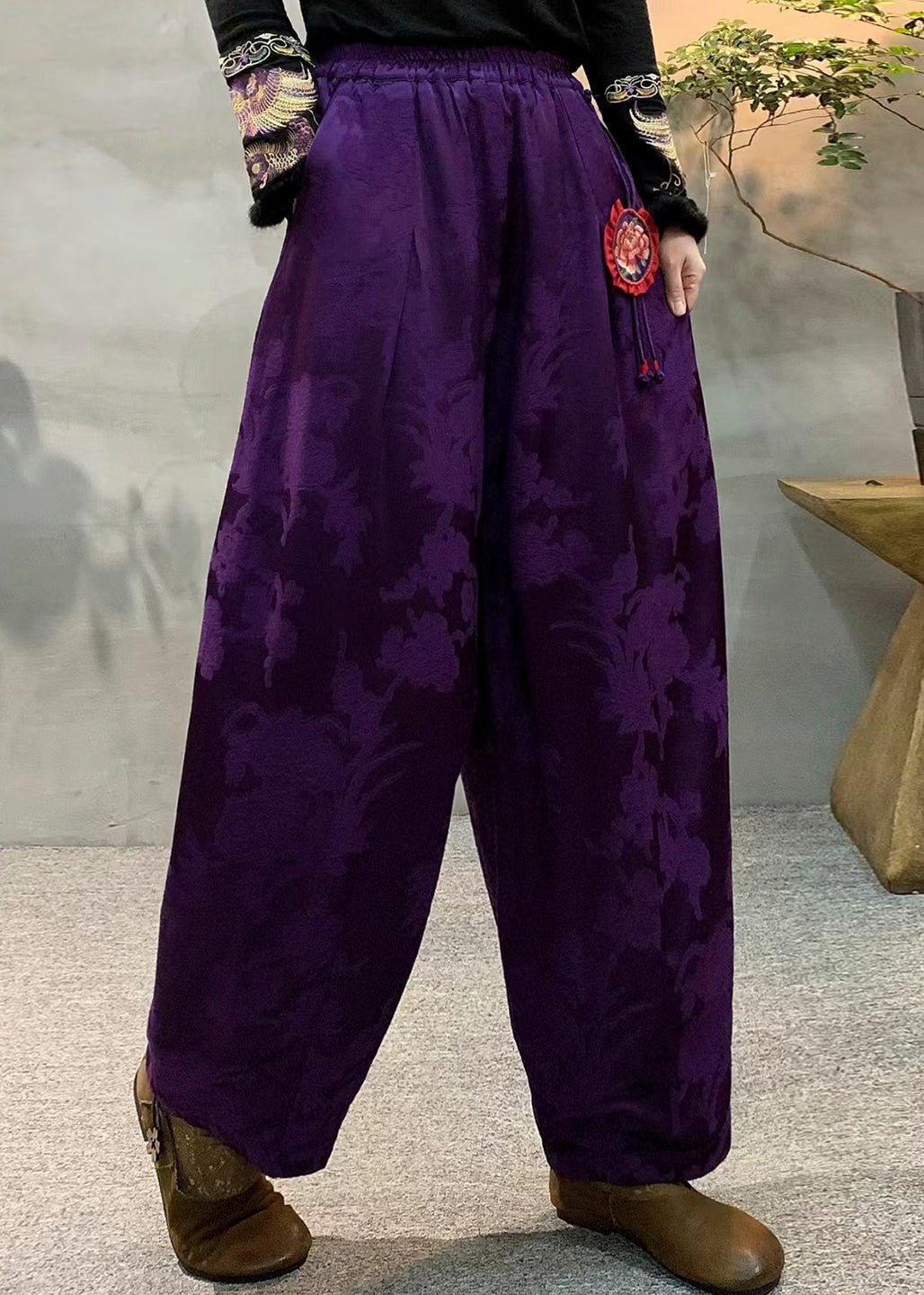 Vintage Dull Purple Oversized Jacquard Fine Cotton Filled Harem Pants Winter