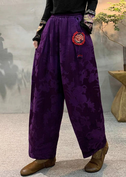Vintage Dull Purple Oversized Jacquard Fine Cotton Filled Harem Pants Winter