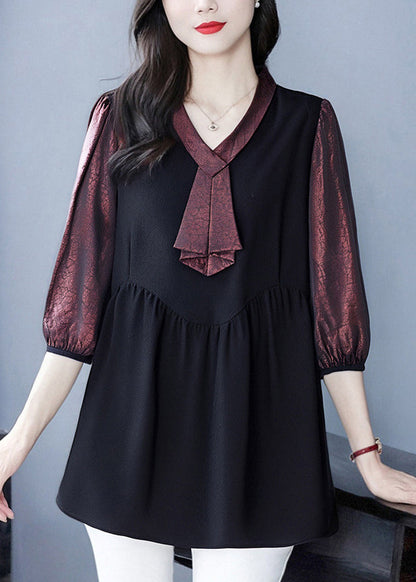 Vintage-Hemd mit herzförmigem Ausschnitt und Patchwork-Optik in mattem Rot, angedeutet zweiteilig, mit Armbandärmeln