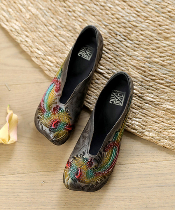 Vintage Embossed Flat Shoes For Women Grey Cowhide Leather
