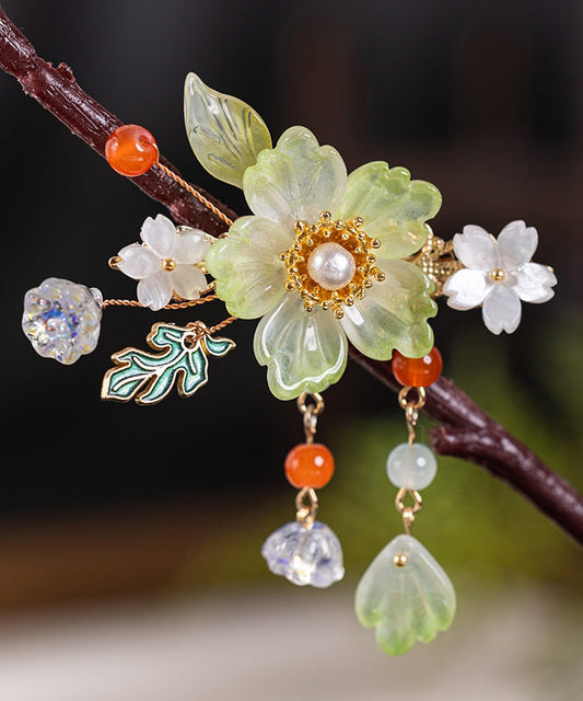 Horquilla vintage con borla de aleación verde esmeralda y esmalte color perla