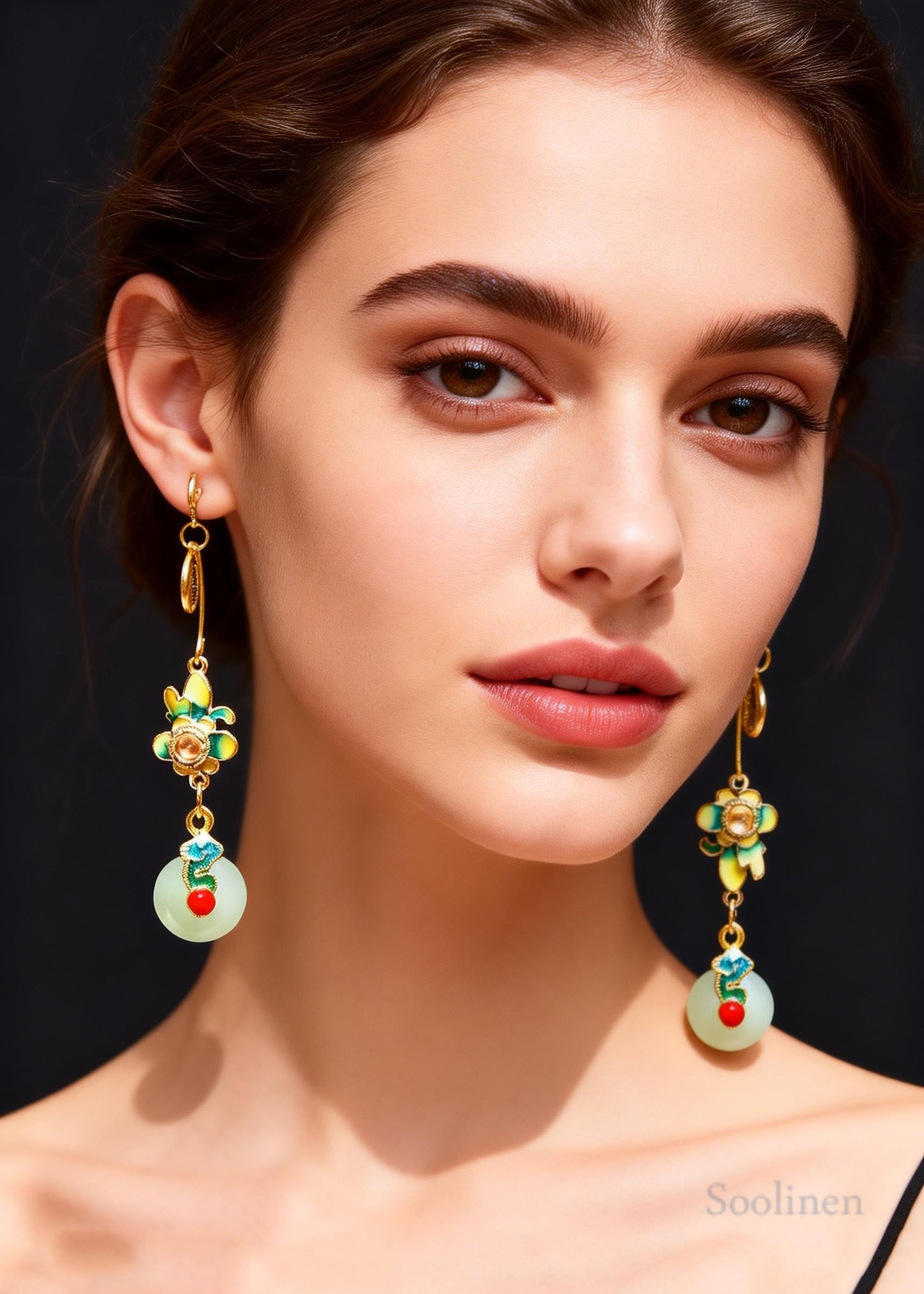 Vintage Flower Paintings With Fu Pai Fine Jade Drop Earrings