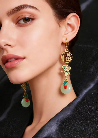 Vintage Flower Paintings With Fu Pai Fine Jade Drop Earrings