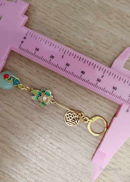 Vintage Flower Paintings With Fu Pai Fine Jade Drop Earrings