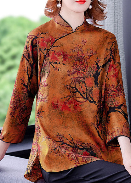 Vintage Ingwer Stehkragen Seite offen Druck Seidenbluse Top Frühling