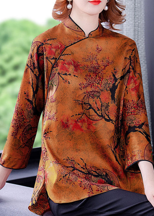 Vintage Ingwer Stehkragen Seite offen Druck Seidenbluse Top Frühling
