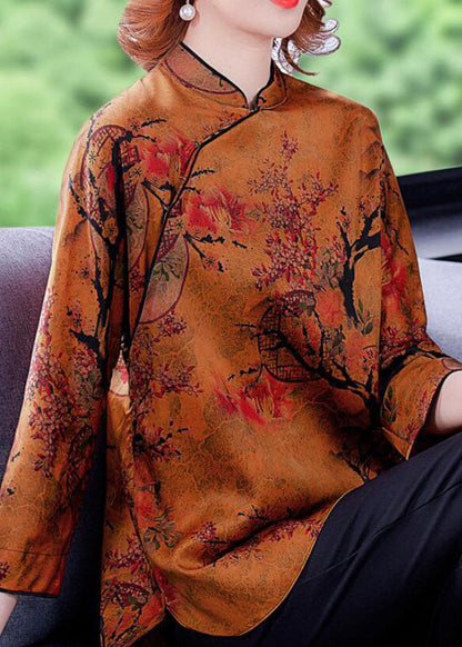 Vintage Ingwer Stehkragen Seite offen Druck Seidenbluse Top Frühling