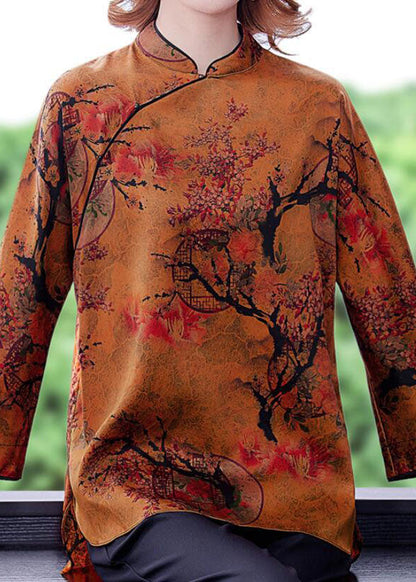 Vintage Ingwer Stehkragen Seite offen Druck Seidenbluse Top Frühling