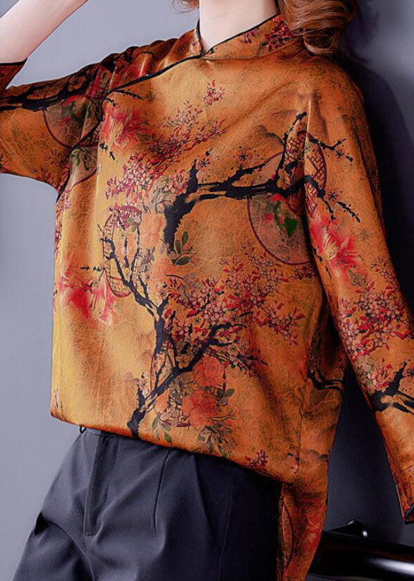 Vintage Ingwer Stehkragen Seite offen Druck Seidenbluse Top Frühling