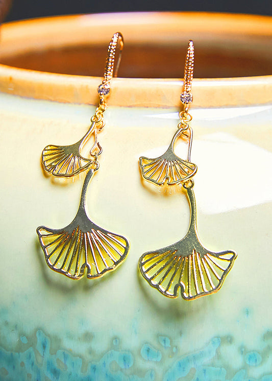 Pendientes vintage de hoja de ginkgo con circonitas en oro de 14 quilates