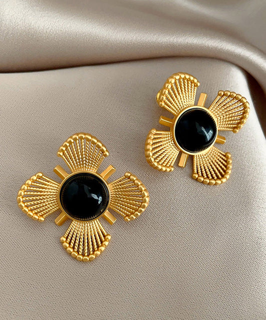 Vintage Gold Copper Crystal Floral Hollow Out Stud Earrings