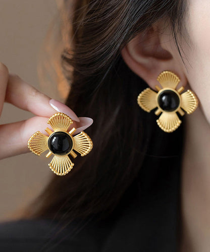 Vintage Gold Copper Crystal Floral Hollow Out Stud Earrings