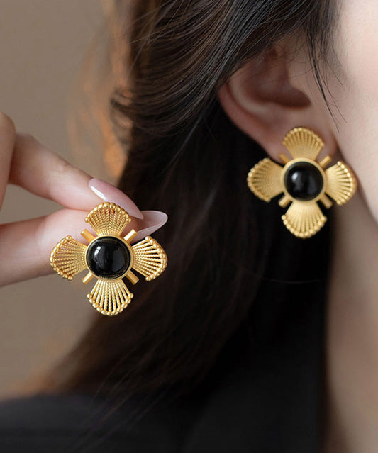 Vintage Gold Copper Crystal Floral Hollow Out Stud Earrings