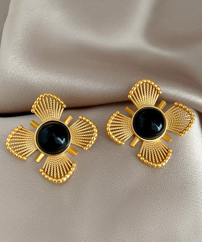 Vintage Gold Copper Crystal Floral Hollow Out Stud Earrings
