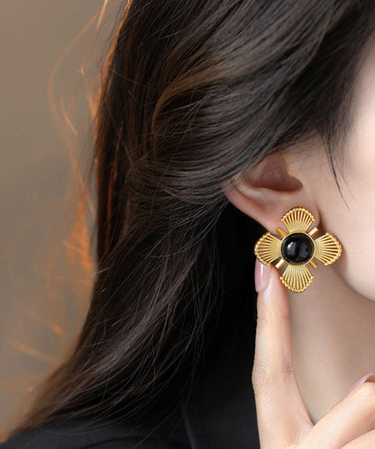 Vintage Gold Copper Crystal Floral Hollow Out Stud Earrings