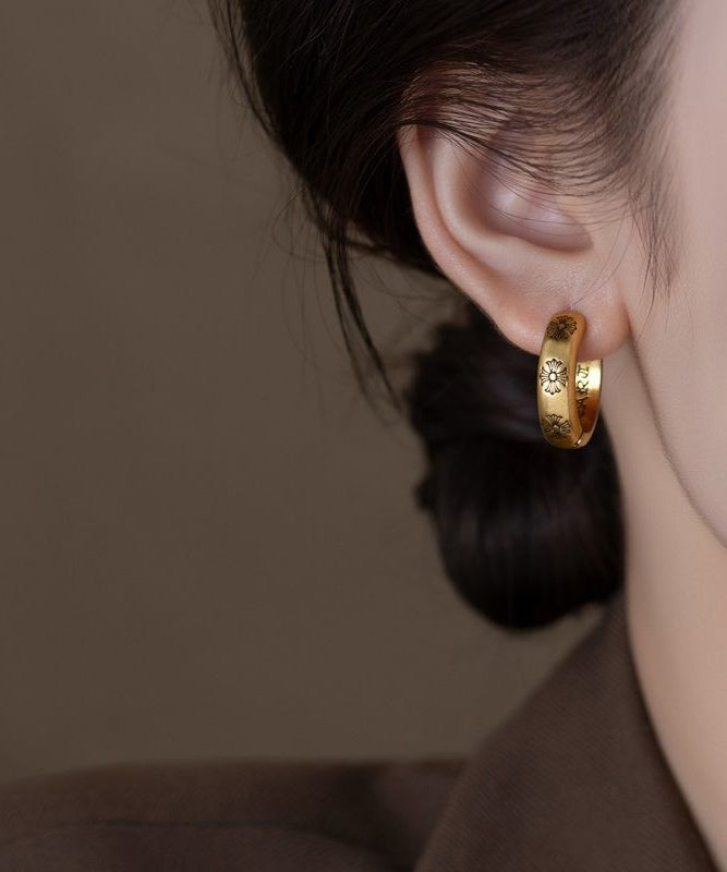 Vintage Gold Copper Overgild Print Hoop Earrings