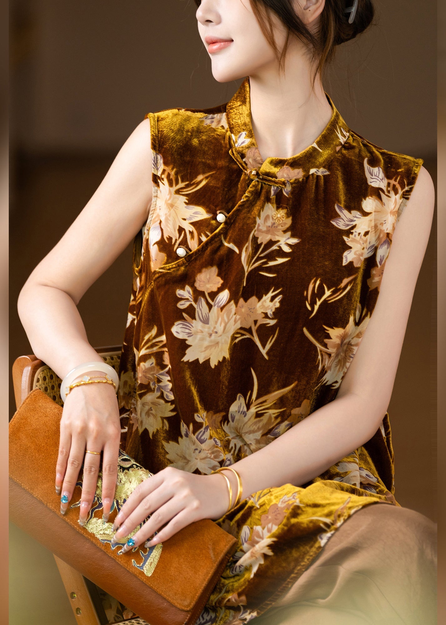 Vintage Gold Stand Collar Silk Velour Shirt Sleeveless