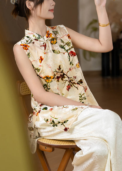 Vintage Gold Stand Collar Silk Velour Shirt Sleeveless