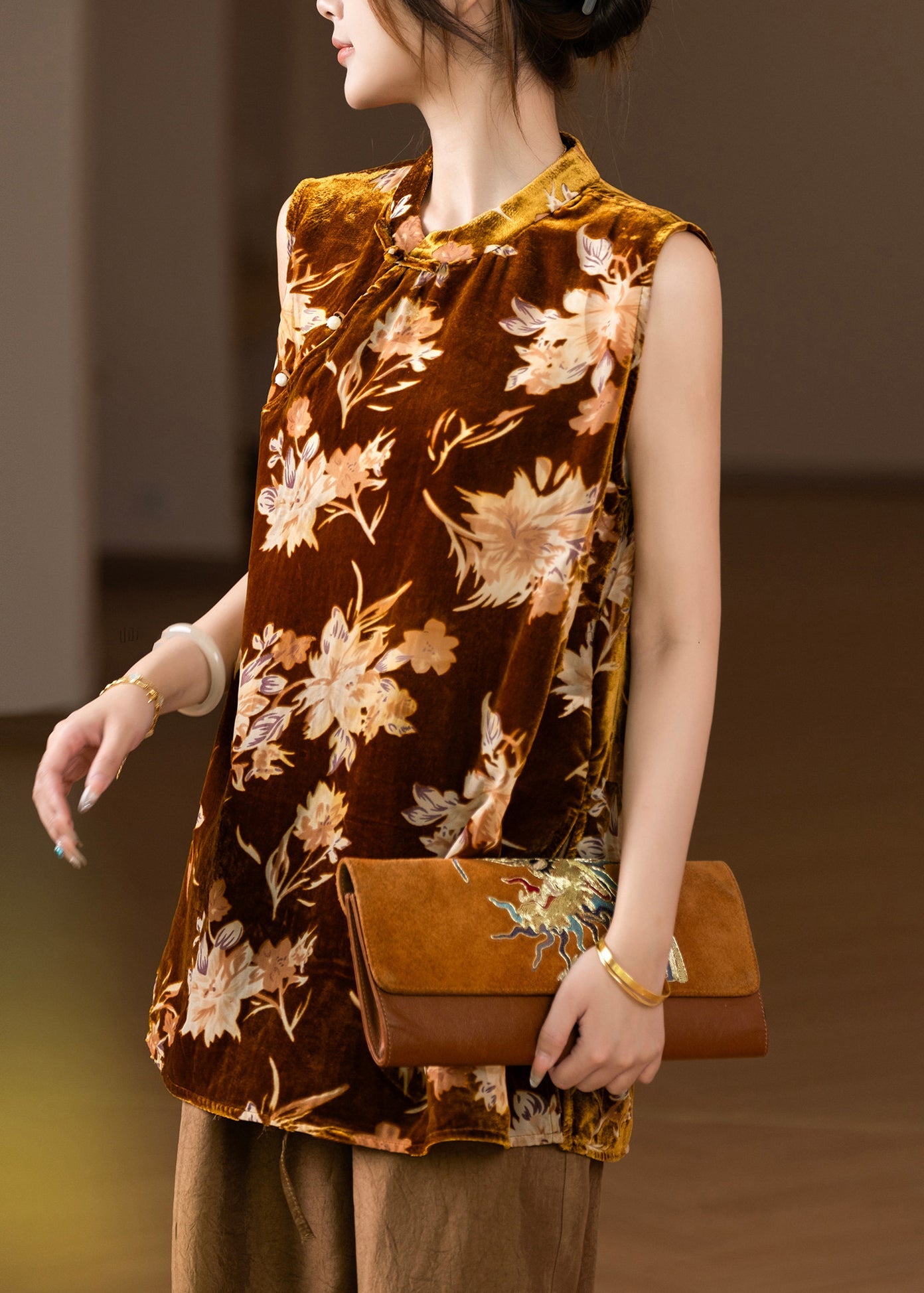 Vintage Gold Stand Collar Silk Velour Shirt Sleeveless