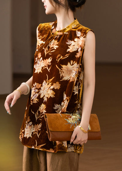Vintage Gold Stand Collar Silk Velour Shirt Sleeveless