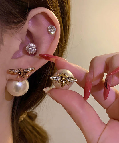 Pendientes vintage de plata de ley dorada con diseño de abeja y perla dorada