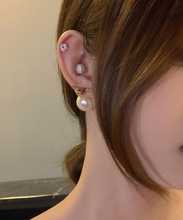 Pendientes vintage de plata de ley dorada con diseño de abeja y perla dorada