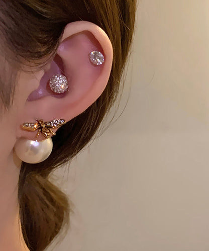 Pendientes vintage de plata de ley dorada con diseño de abeja y perla dorada