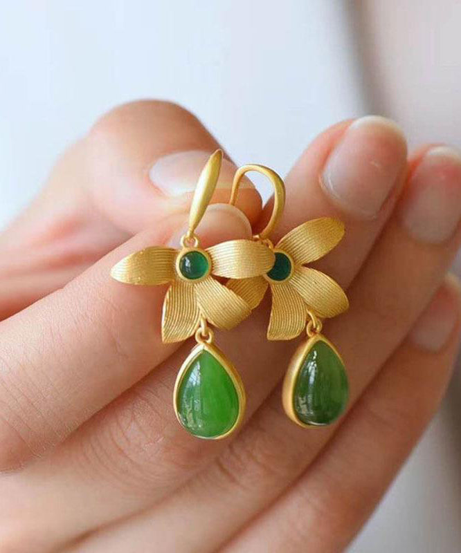 Vintage Ohrhänger aus vergoldetem Sterlingsilber mit Jade-Einlage