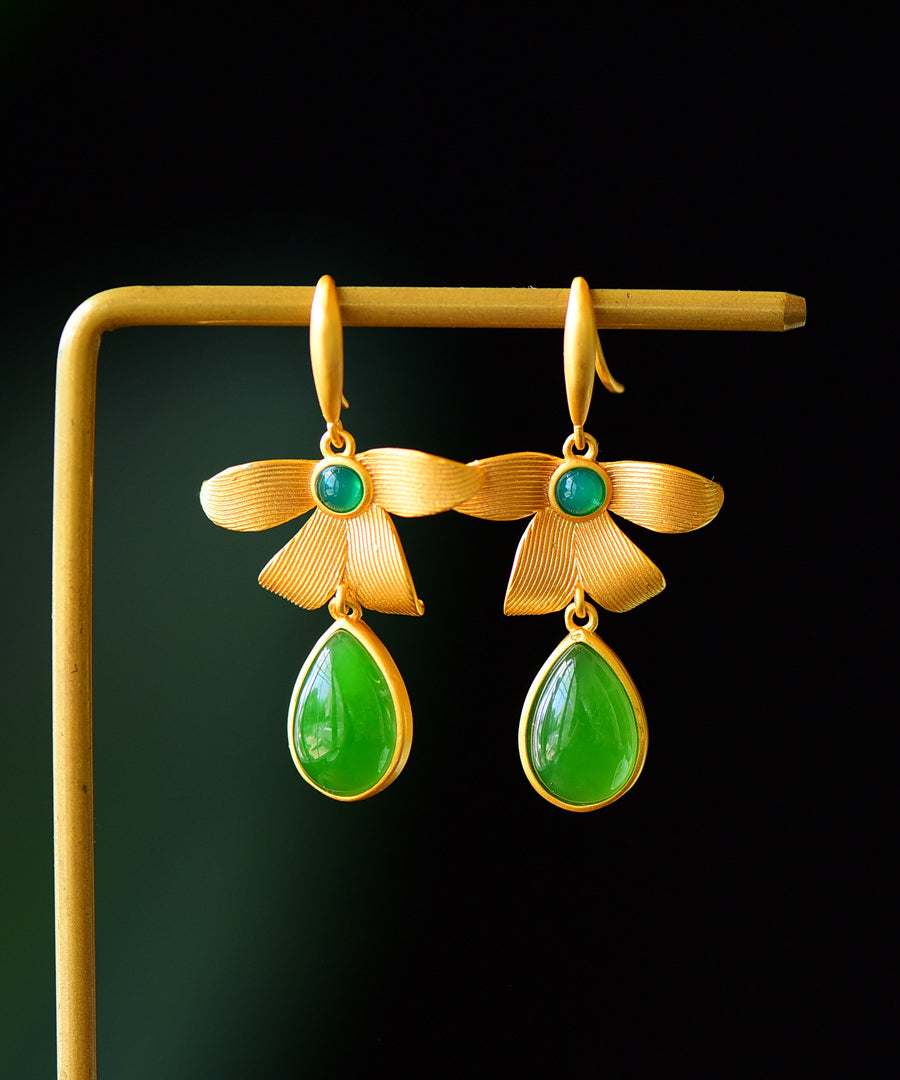 Vintage Ohrhänger aus vergoldetem Sterlingsilber mit Jade-Einlage