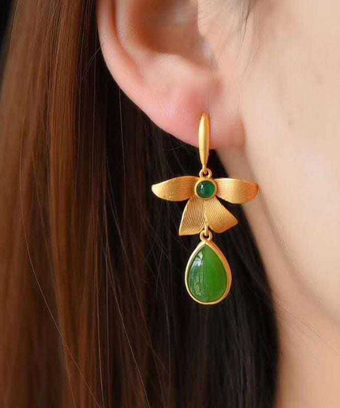 Vintage Ohrhänger aus vergoldetem Sterlingsilber mit Jade-Einlage