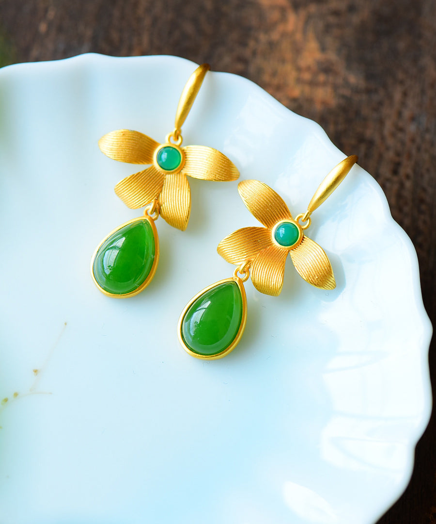 Vintage Ohrhänger aus vergoldetem Sterlingsilber mit Jade-Einlage